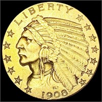 1908 $5 Gold Half Eagle CLOSELY UNCIRCULATED