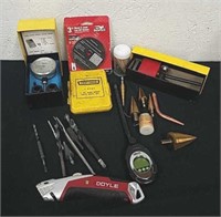 Drill bits, utility knife, timing gauge, metal