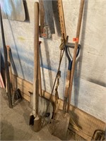 Shovels, rake, post hole digger, and more