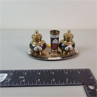 Vintage Brass Enamel Salt Pepper Shaker Tray Set