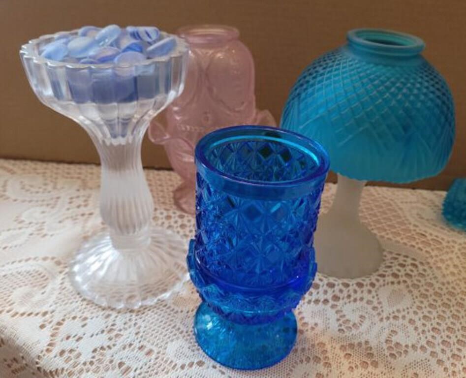 BLUE TO CLEAR CANDLE, DEPRESSION GLASS, MISC