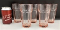 5 verres en verre dépression rose, grand format