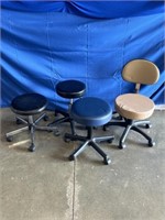 Rolling stools and doctors chair, set of 4