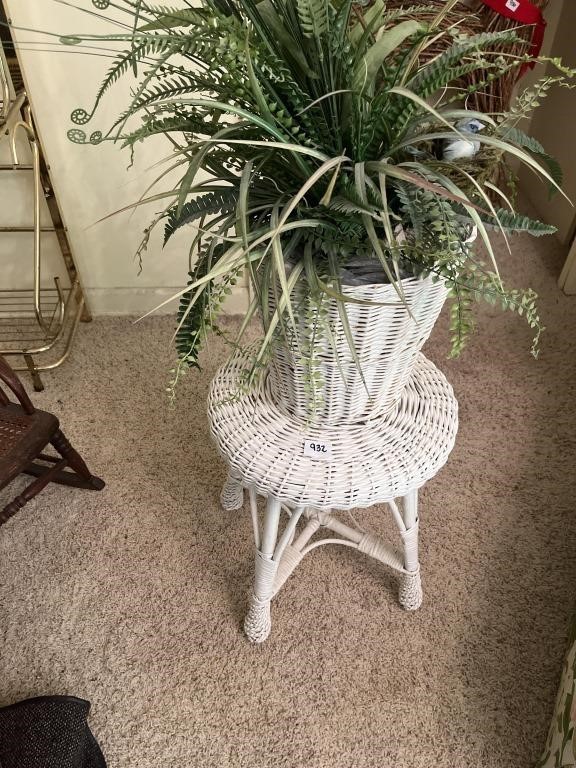 Wicker plant stand and basket with faux plant and