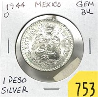 1944 Mexico 1 peso, Unc.