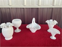 Fenton 5 pieces of Hobnail milk glass