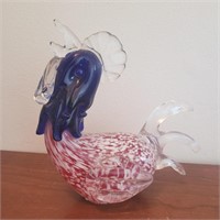 6" Art Glass Rooster Cock Red Blue Paperweight