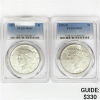 1922-D Set (2) Silver Peace Dollar NGC MS61