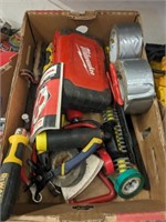 TRAY  OF TOOLS, AHRDWARE, DUCT TAPE