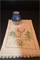 Embroidered Deer Table Runner with Vase Pottery