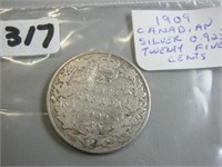 1909 Silver Canadian Twenty Five Cents Coin