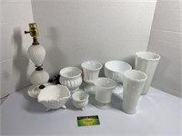 Hobnail MilkGlass lamp, FTD vase & more
