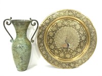 Ornate brass/copper peacock plate & vase