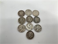 Lot of 10 silver US dimes: 1899 Barber, assorted M