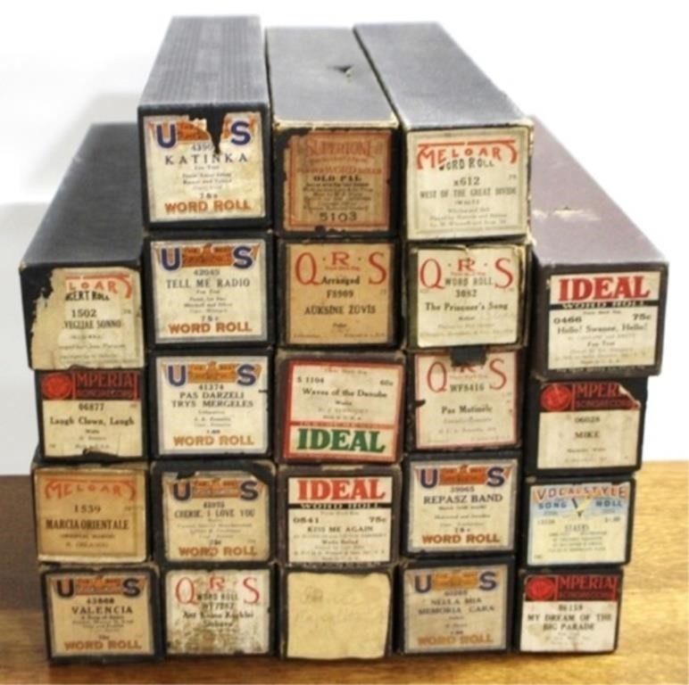Lot of 23 Player Piano Music Rolls in Boxes