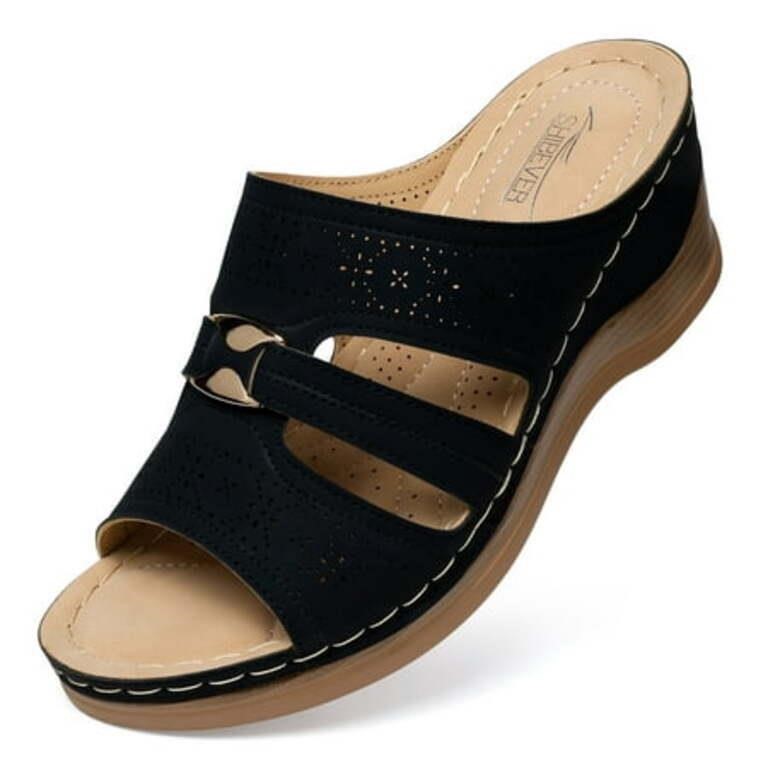 US 7  FAMITION Women's Black Open Toe Summer Boho