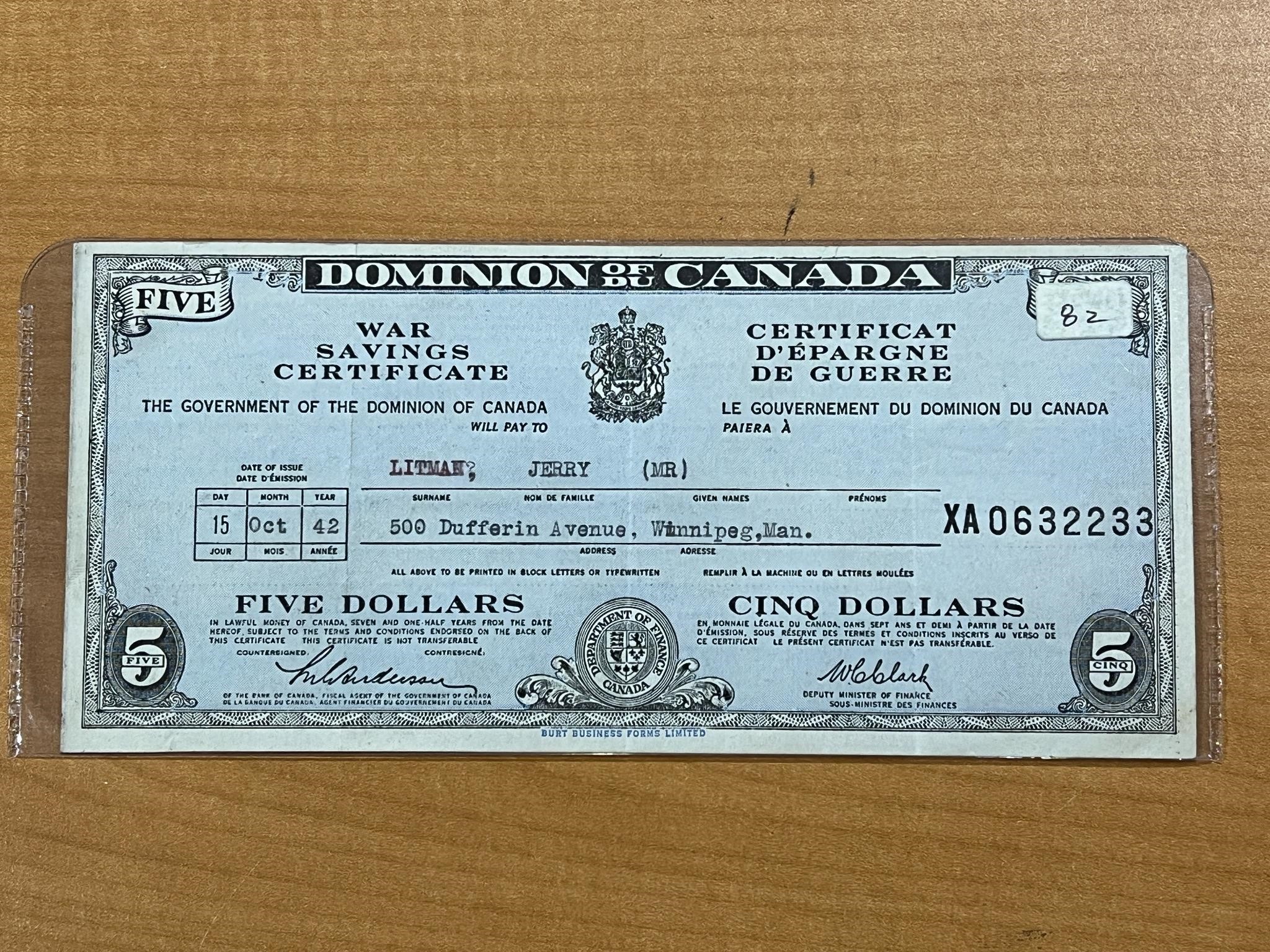1942 Dom of Can $5 War Savings Certificate