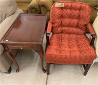 Red Upholstered Arm Chair & Cherry End Table