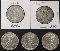 (5) MIXED DATE WALKING LIBERTY HALF DOLLARS