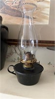 Small antique tin oil lamp with glass chimney , 9