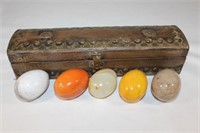 Vintage Wood and Metal Trimed Wood Box with Eggs