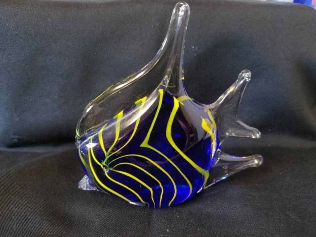 Blown Glass Clear, Blue and Yellow Striped Fish,