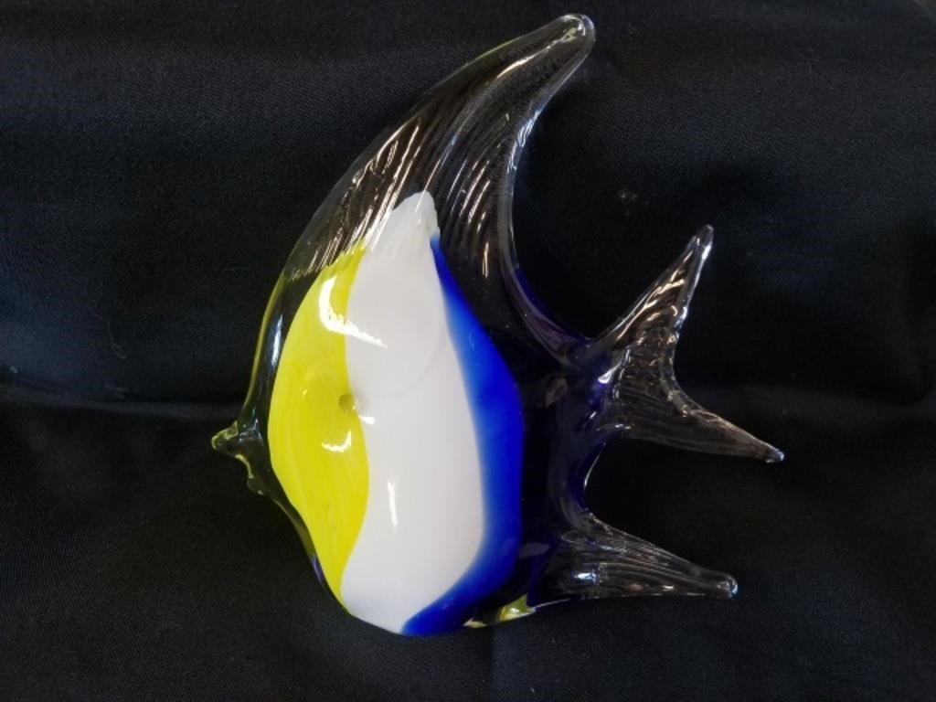 Blown Glass Clear, Blue, White and Yellow Stripes