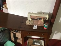 Necchi sewing machine, cabinet & attachments