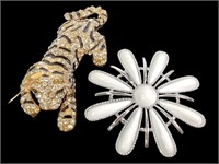 Rhinestone Tiger & Flower Brooches