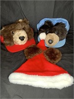2 Stuffed Bear Caps & Bear Ears w Santa hat