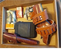 flat of (2) holsters, belt and miscellaneous