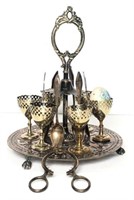 Silverplate Egg Coddlers on Stand with Utensil