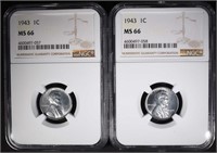 2-1943 LINCOLN STEEL CENTS, NGC MS66