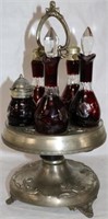 FANCY SILVER PLATER CASTOR SET, WITH RUBY CUT TO