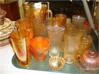 Tray lot of marigold carnival glass including