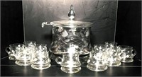 Etched Glass Lidded Punch Bowl with Glass Ladle