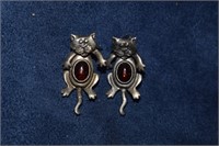 Sterling Silver Articulated Cat Earrings w/ Amber