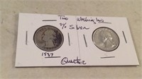1937 and 1964 2 Washington 90% silver quarter