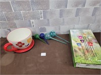 Large coffee cup planter, glass watering balls etc