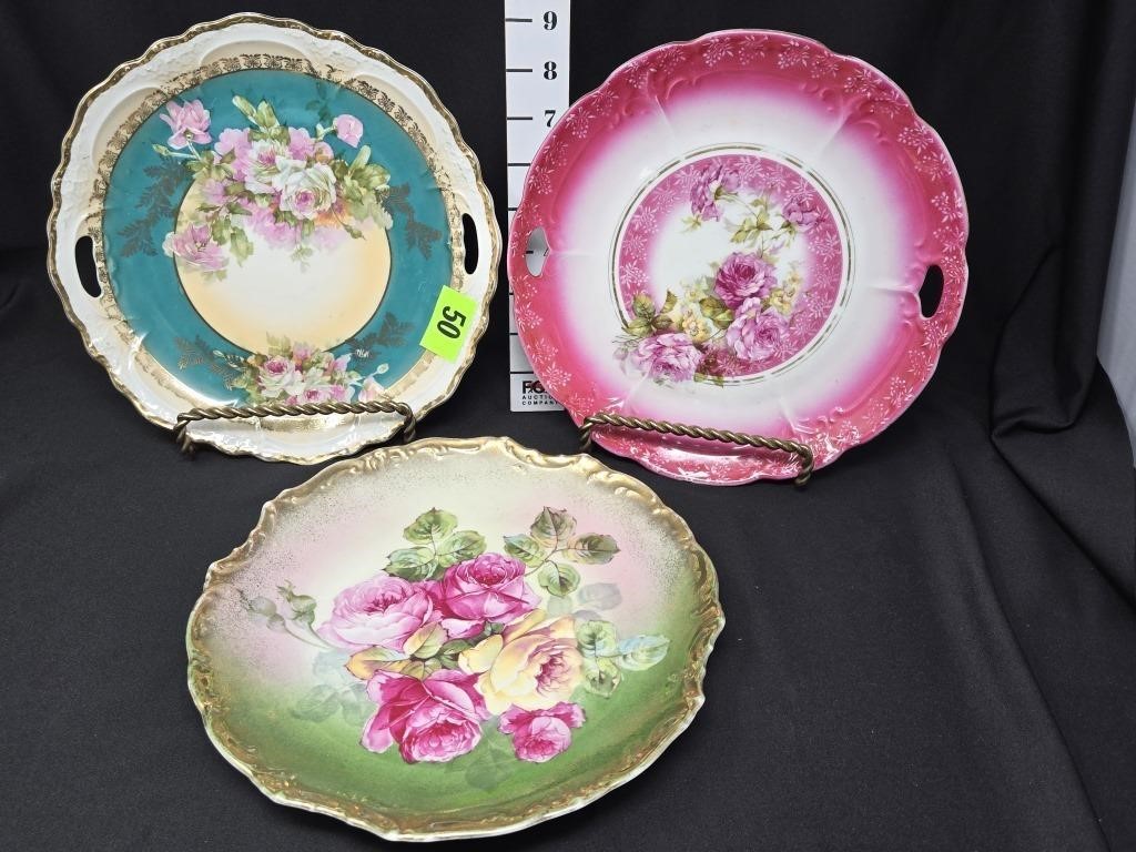 (3) German Rose Decorated Plates