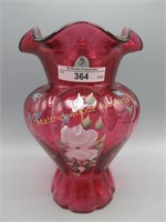 Fenton 7" cranberry hand painted Roses vase