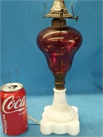 Parkesburg style lamp, milk glass base, cranberry