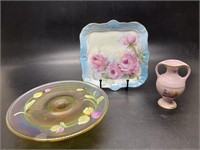 (3) Pirkin-Hammer Vase, Pink Rose Sq. Decor Plate,