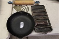 CAST IRON SKILET AND CORN BREAD MOLD AND  OTHER