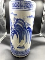 White and blue large Oriental style vase, blue sce