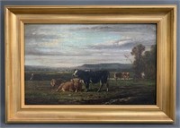 Jean Henri Quinton Oil on Canvas Cows in The Pastu