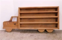 Handmade wood toy car display, 31" x 2.25" x 14"