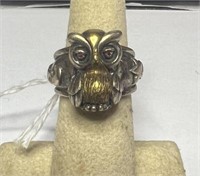 925 Gold Over Silver Accented Whimsy Owl Ring