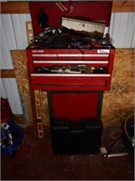 Tool box and contents: pipe cutter, wrenches,
