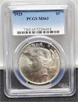 1925 Slab Peace Silver Dollar PCGS MS63